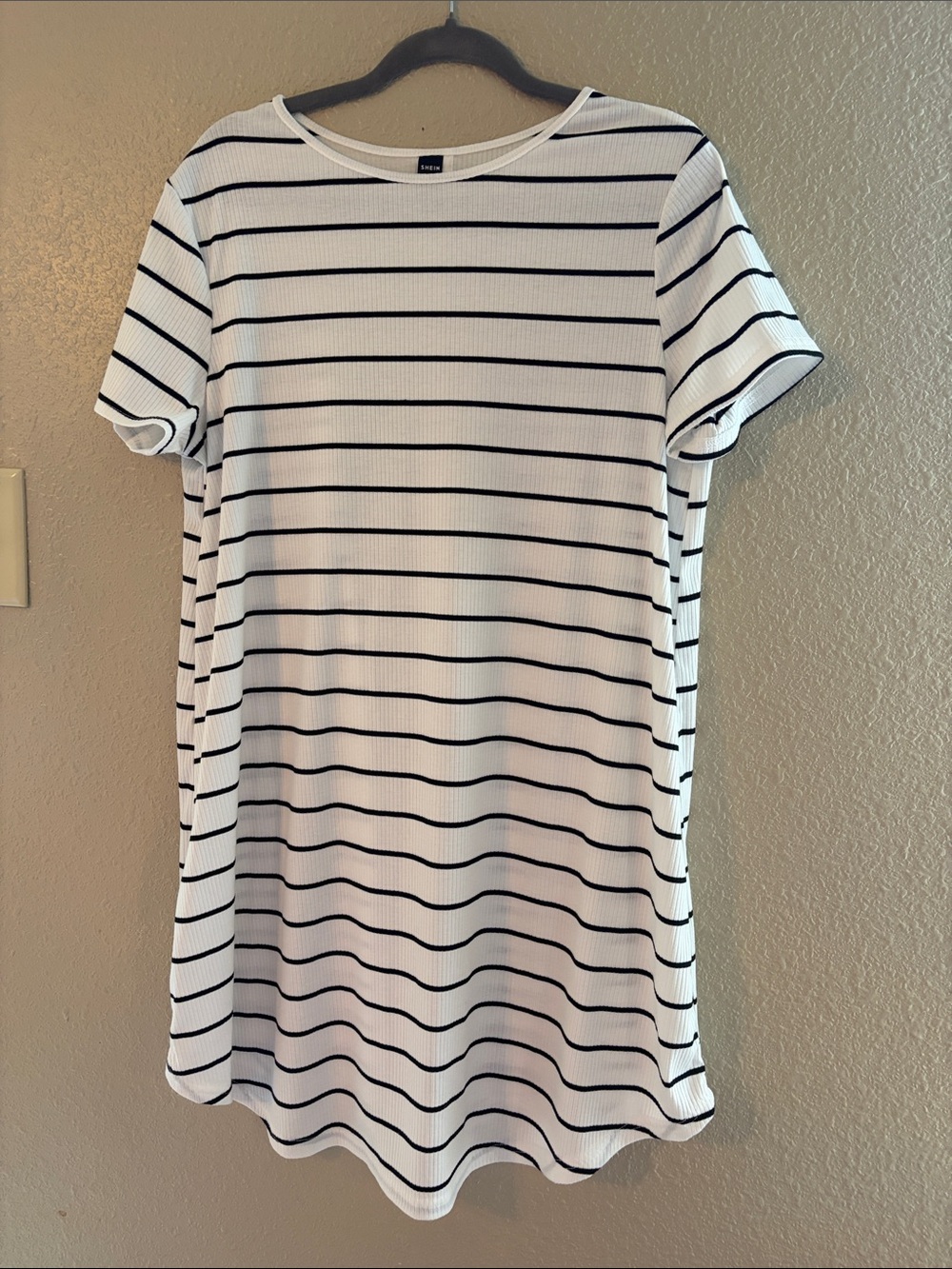 White and Black Striped Midi T-Shirt Dress